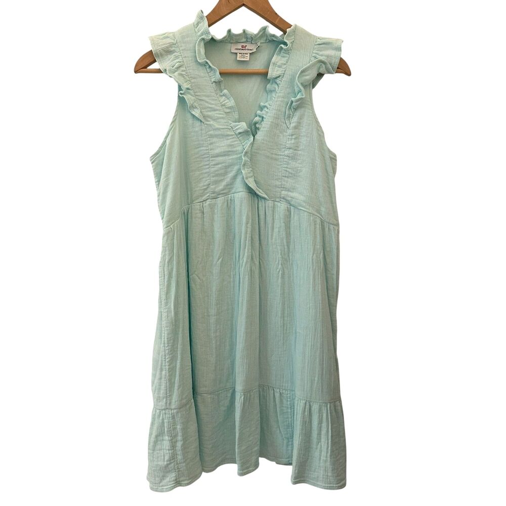 Vineyard Vines Green Women's V-Neck Sleeveless Ruffled Gauzy Knee Length Dress S